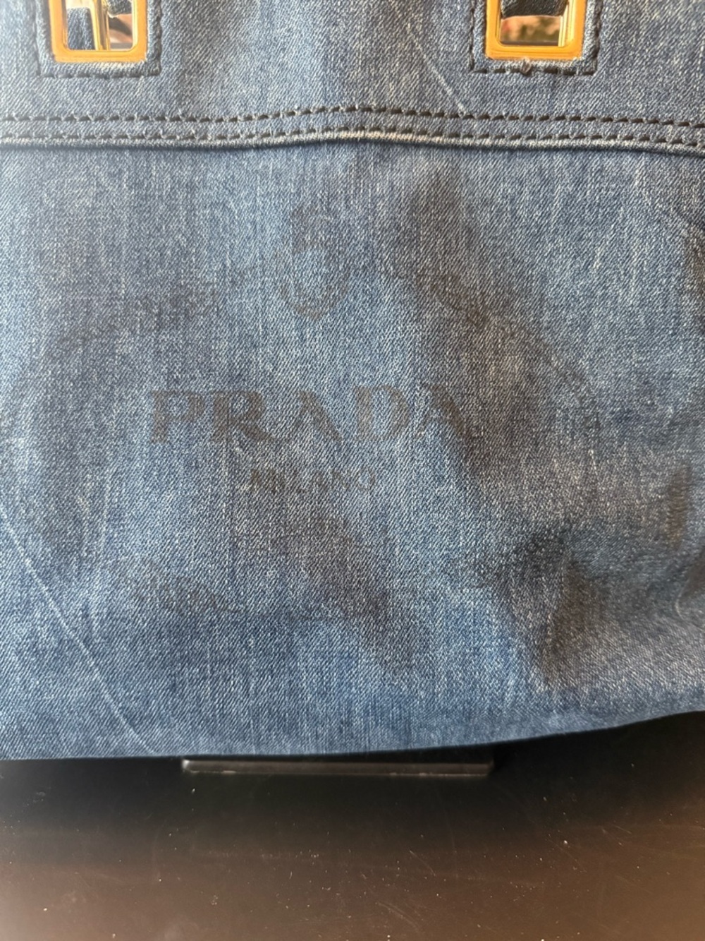 Prada Denim Tote in Dark Blue with Gold Accents - Picture 3 of 11